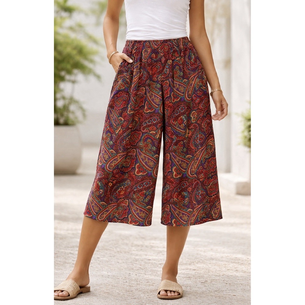 Women's Capri Palazzo Paisley Wide Leg Culotte Boho Pock Elastic Waist Beachy‎